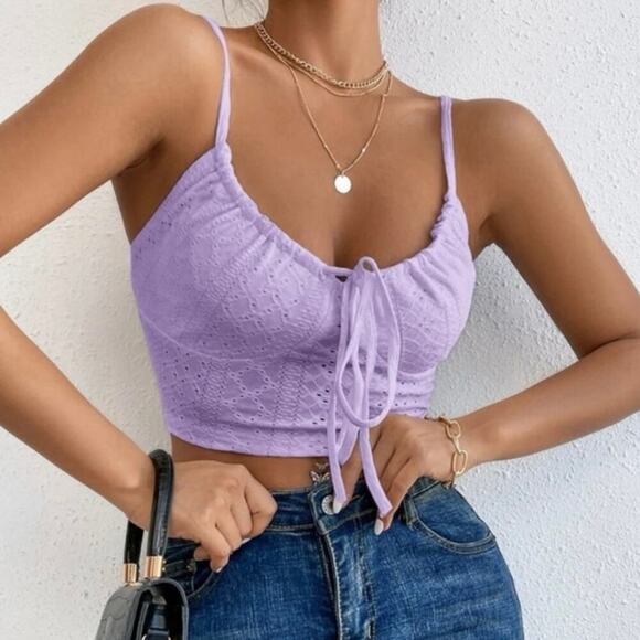 NWOT Shein Lavender Purple Eyelet Lace Tie Front Cami Crop Top Size Small - Picture 3 of 9